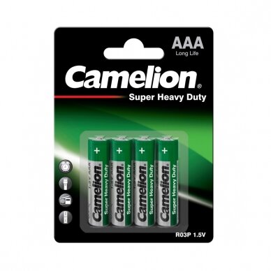 Elementai, anglies cinko, AAA, 1,5V, R03, B4, CAMELION, 4 vnt. Elementai, anglies cinko, AAA, 1,5V, R03, B4, CAMELION, 4 vnt.