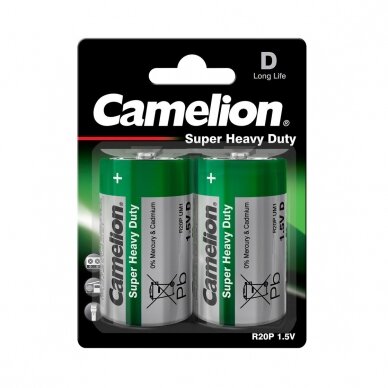 Elementai, anglies cinko, D, R20, B2, CAMELION, 2 vnt. Elementai, anglies cinko, D, R20, B2, CAMELION, 2 vnt.
