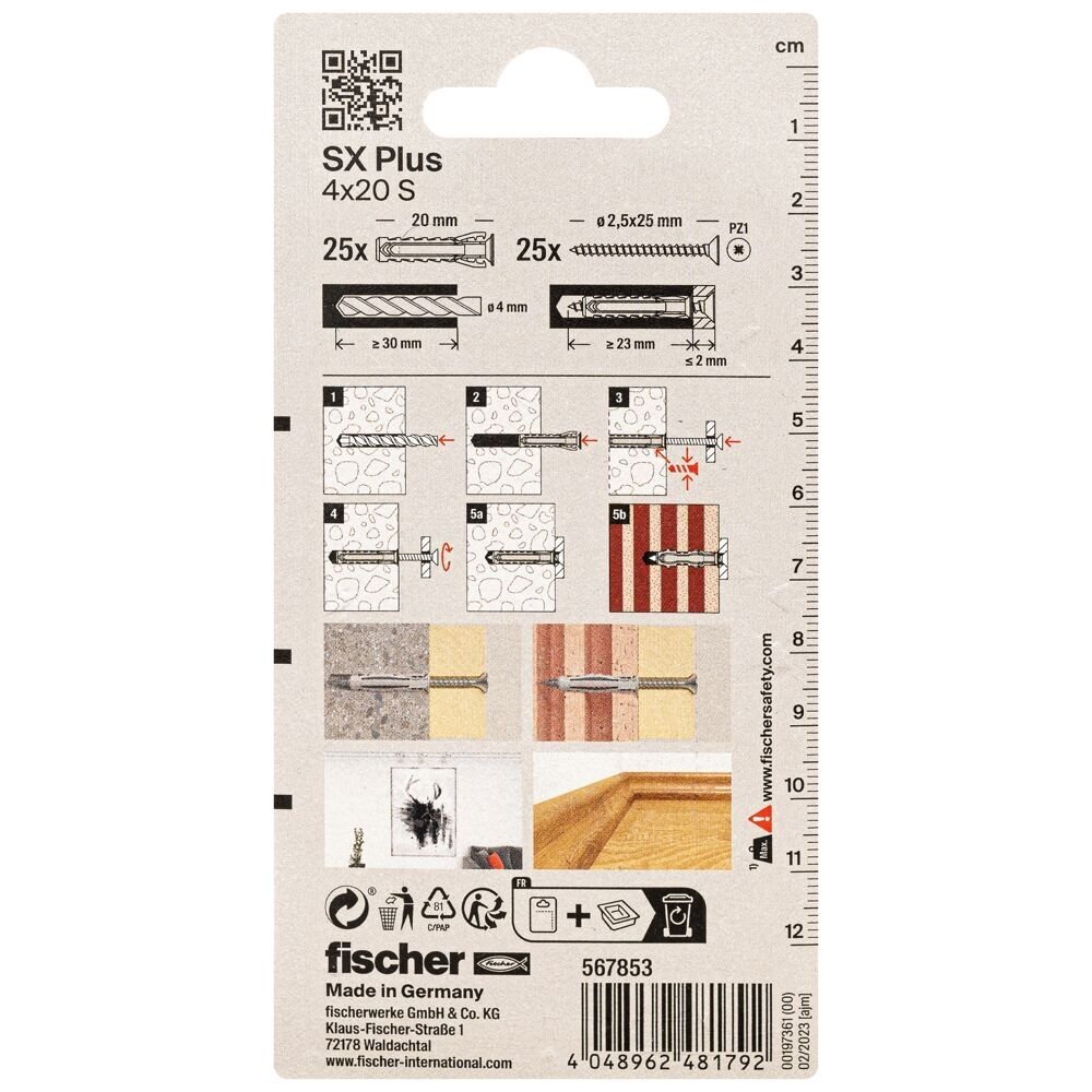 FISCHER kaiščiai su varžtais SX Plus S, 4x20 mm, 25 vnt. 2 FISCHER kaiščiai su varžtais SX Plus S, 4x20 mm, 25 vnt. 2