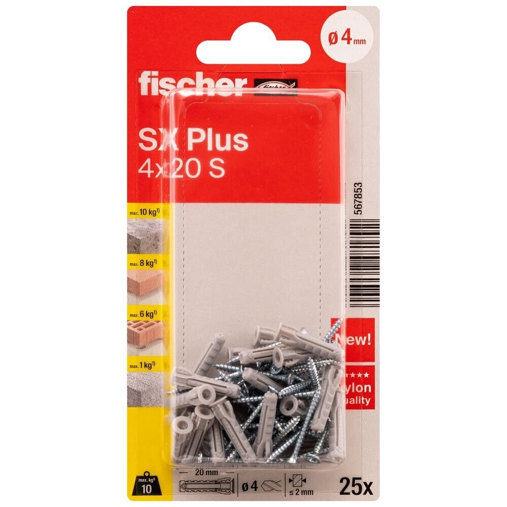 FISCHER kaiščiai su varžtais SX Plus S, 4x20 mm, 25 vnt. FISCHER kaiščiai su varžtais SX Plus S, 4x20 mm, 25 vnt.