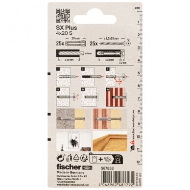FISCHER kaiščiai su varžtais SX Plus S, 4x20 mm, 25 vnt. 2 FISCHER kaiščiai su varžtais SX Plus S, 4x20 mm, 25 vnt. 2