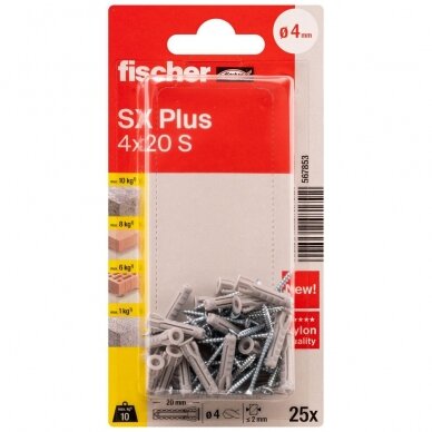 FISCHER kaiščiai su varžtais SX Plus S, 4x20 mm, 25 vnt. FISCHER kaiščiai su varžtais SX Plus S, 4x20 mm, 25 vnt.