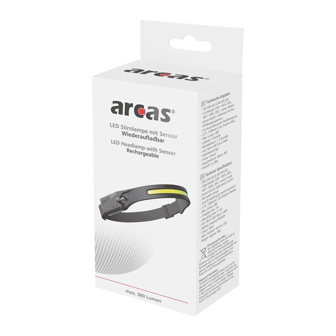 Galvos žibintuvėlis, 5W + 3W, įkraunamas USB-C, ARCAS 1 Galvos žibintuvėlis, 5W + 3W, įkraunamas USB-C, ARCAS 1