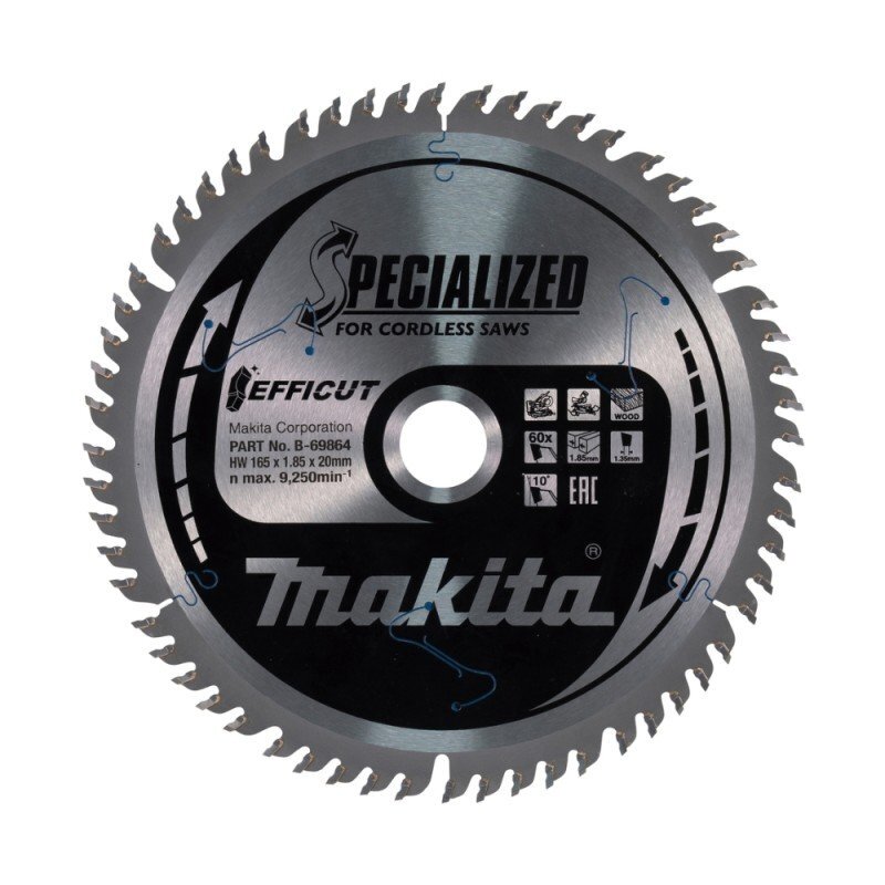Medžio pjovimo diskas MAKITA Efficut 165x20x1,85mm 60T 10° Medžio pjovimo diskas MAKITA Efficut 165x20x1,85mm 60T 10°