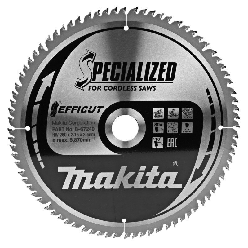 Medžio pjovimo diskas MAKITA Efficut 260x30x2,15mm 80T 10° Medžio pjovimo diskas MAKITA Efficut 260x30x2,15mm 80T 10°