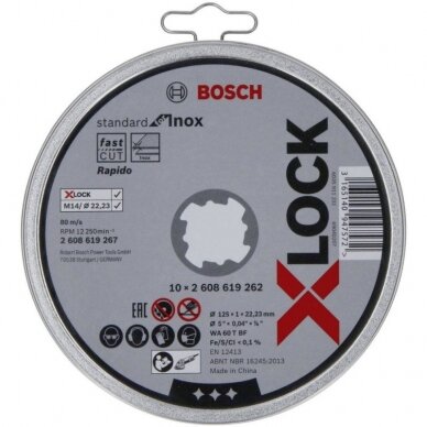 Pjovimo diskai BOSCH 125x1,0mm X-Lock Standart Inox, 10vnt. 1 Pjovimo diskai BOSCH 125x1,0mm X-Lock Standart Inox, 10vnt. 1