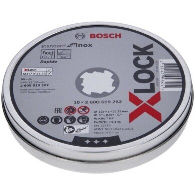 Pjovimo diskai BOSCH 125x1,0mm X-Lock Standart Inox, 10vnt.