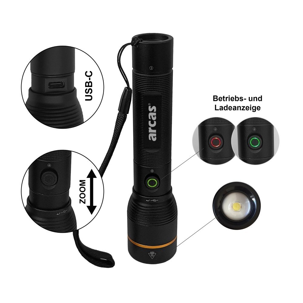 Rankinis žibintuvėlis 10W, įkraunamas USB-C, juodas, ARCAS 1 Rankinis žibintuvėlis 10W, įkraunamas USB-C, juodas, ARCAS 1