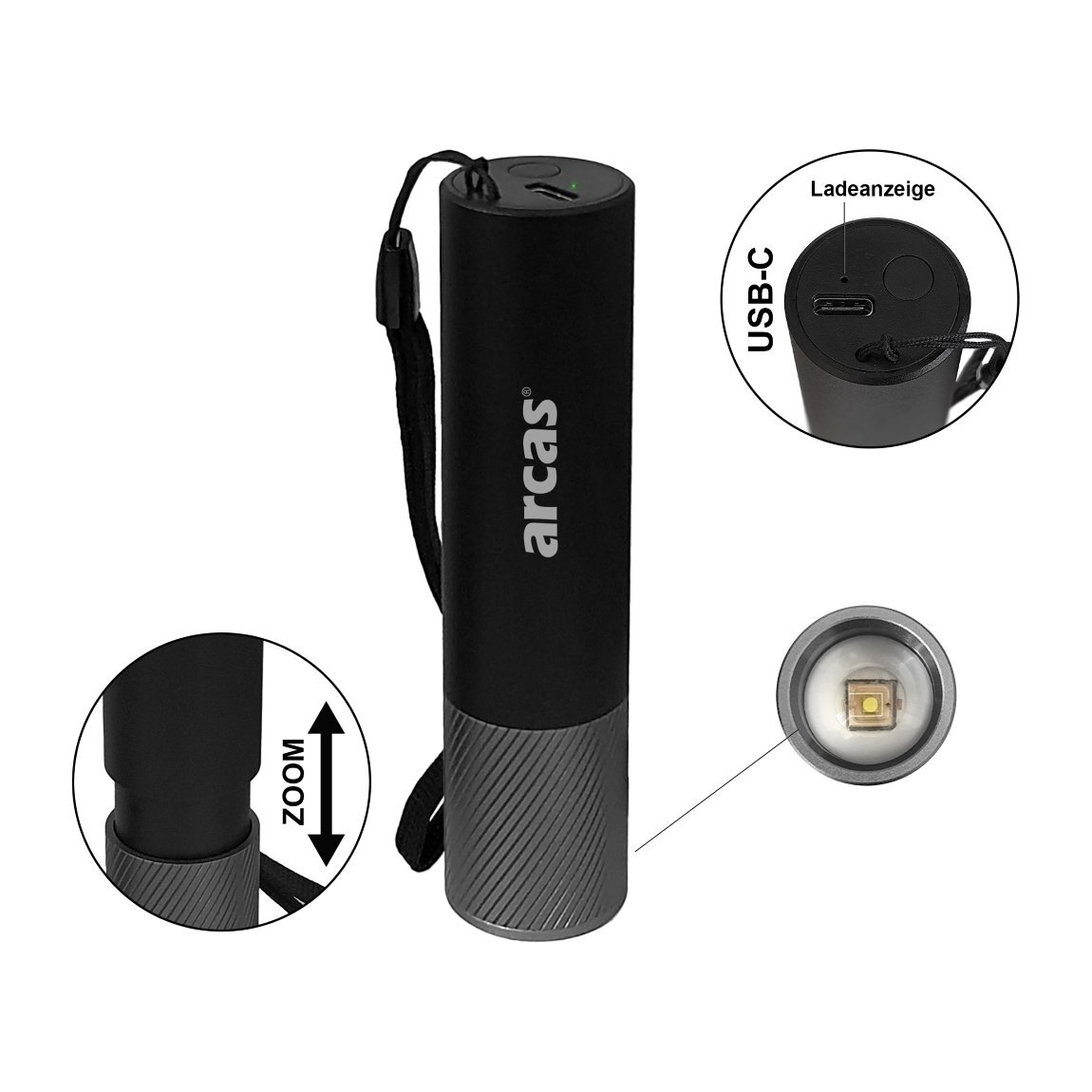 Rankinis žibintuvėlis 3W, įkraunamas USB-C, juodas, ARCAS 1 Rankinis žibintuvėlis 3W, įkraunamas USB-C, juodas, ARCAS 1