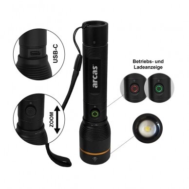 Rankinis žibintuvėlis 10W, įkraunamas USB-C, juodas, ARCAS 1