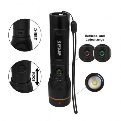Rankinis žibintuvėlis, 20W, įkraunamas USB-C, juodas, ARCAS 1 Rankinis žibintuvėlis, 20W, įkraunamas USB-C, juodas, ARCAS 1