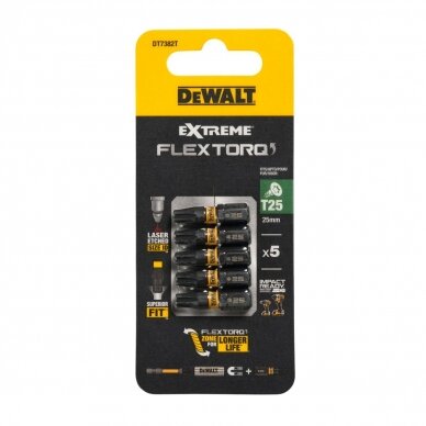 Sukimo antgaliukai FLEXTORQ T25 25 mm, DeWALT, 5 vnt. Sukimo antgaliukai FLEXTORQ T25 25 mm, DeWALT, 5 vnt.
