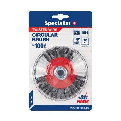Vielinis šlifavimo diskas, suktos vielos, 100 mm, M14, SPECIALIST + Vielinis šlifavimo diskas, suktos vielos, 100 mm, M14, SPECIALIST +