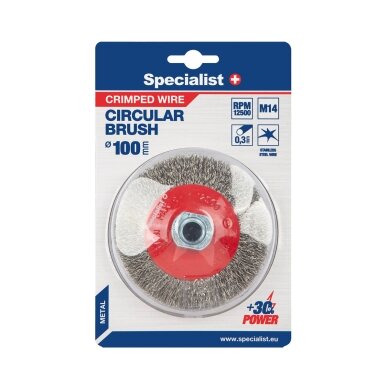 Vielinis šlifavimo diskas, tiesios vielos, 100 mm, M14, SPECIALIST+ Vielinis šlifavimo diskas, tiesios vielos, 100 mm, M14, SPECIALIST+