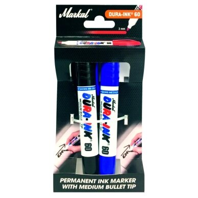 Žymekliai „Dura-Ink 60“, juodi ir mėlyni Žymekliai „Dura-Ink 60“, juodi ir mėlyni