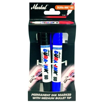Žymekliai „Dura-Ink 60“, juodi ir mėlyni Žymekliai „Dura-Ink 60“, juodi ir mėlyni